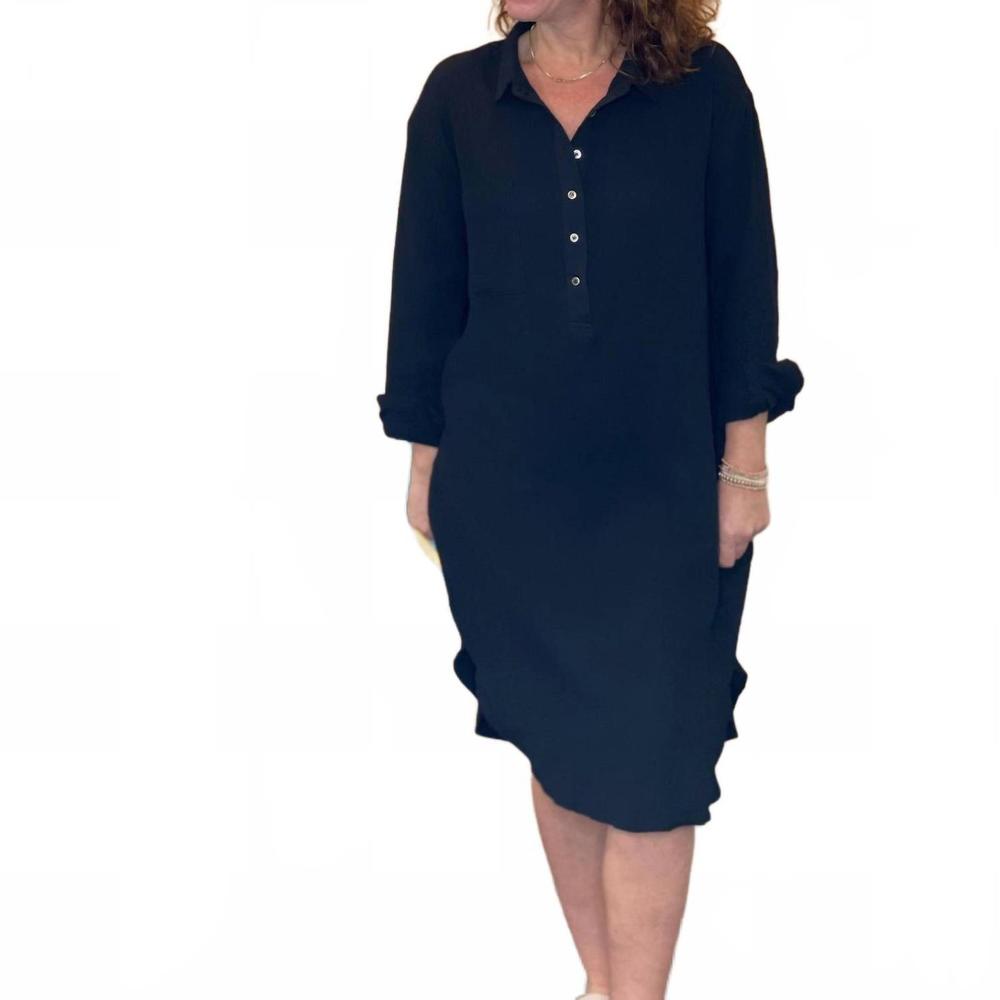 NEW BEFORE YOU COLLECTION gauze button up shirtdress in black